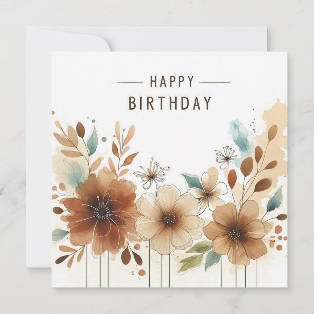 Festiva tarjeta de cumpleaños con flores de acuarela (Anverso)