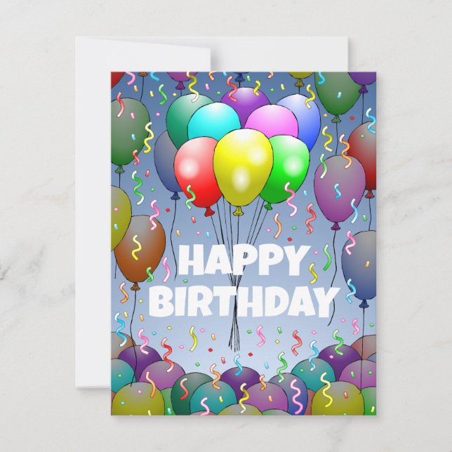 Festiva Tarjeta de cumpleaños con globos y confeti (Anverso)