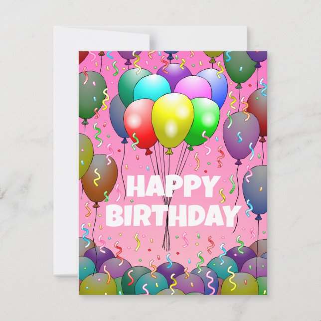 Festiva Tarjeta de cumpleaños con globos y confeti (Anverso)
