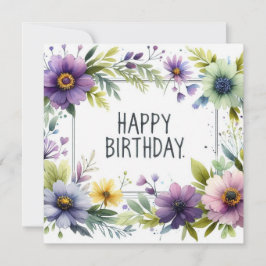 Festiva tarjeta de cumpleaños con marco de flor púrpura