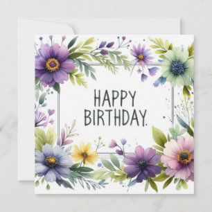 Festiva tarjeta de cumpleaños con marco de flor púrpura
