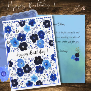 Festiva Tarjeta de cumpleaños con patrón floral azul