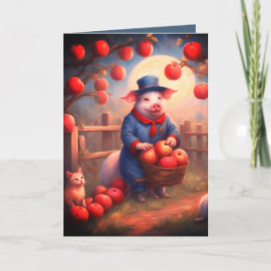 Festiva Tarjeta de cumpleaños de cerdito recogiendo manzan