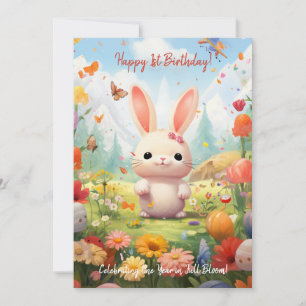 Festiva Tarjeta de cumpleaños de conejo en flor por primer