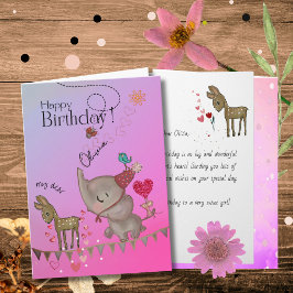 Festiva Tarjeta de cumpleaños de elefante rosa y niña cier
