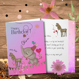 Festiva Tarjeta de cumpleaños de elefante rosa y niña cier