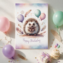 Tarjeta de cumpleaños de erizo adorable en acuarel