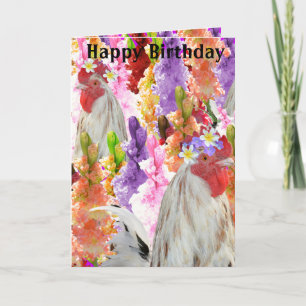 Festiva Tarjeta De Cumpleaños De Los Roosters Y Hollyhocks