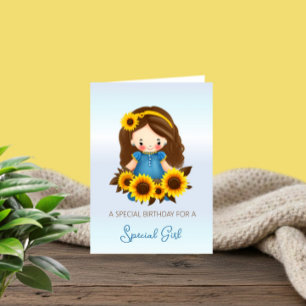 Festiva Tarjeta de cumpleaños de niña linda y girasoles