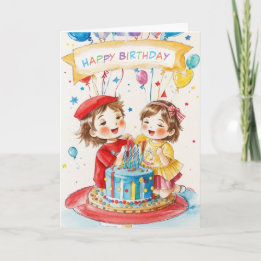 Festiva Tarjeta de cumpleaños de pequeños gemelos
