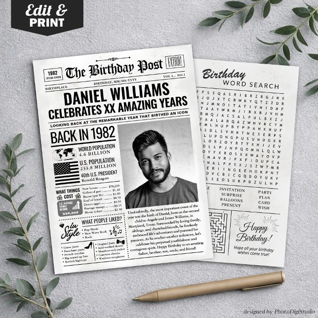 Festiva Tarjeta de cumpleaños de periódico personalizada d (Custom Back in 1982 Newspaper Birthday Card, Trend Holiday Card)