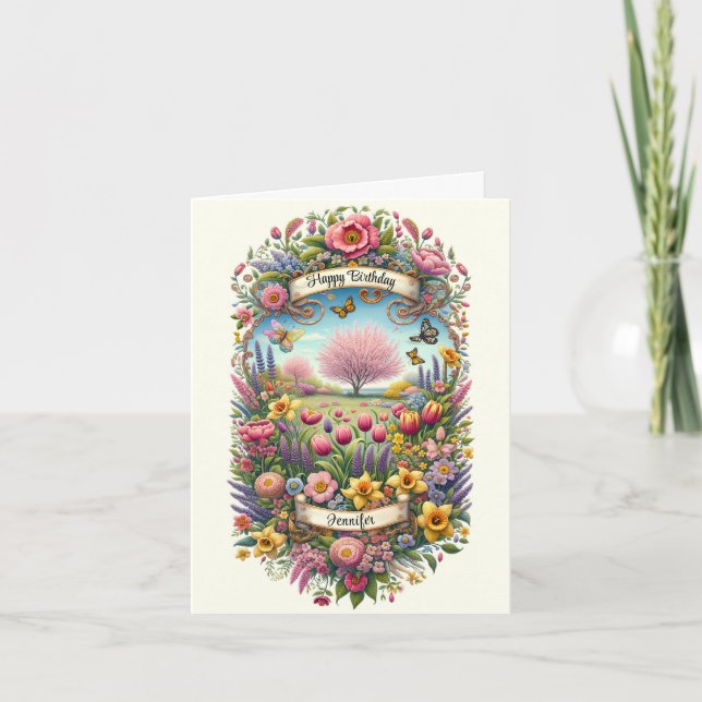 Festiva Tarjeta de cumpleaños de primavera para su saludo  (Anverso)