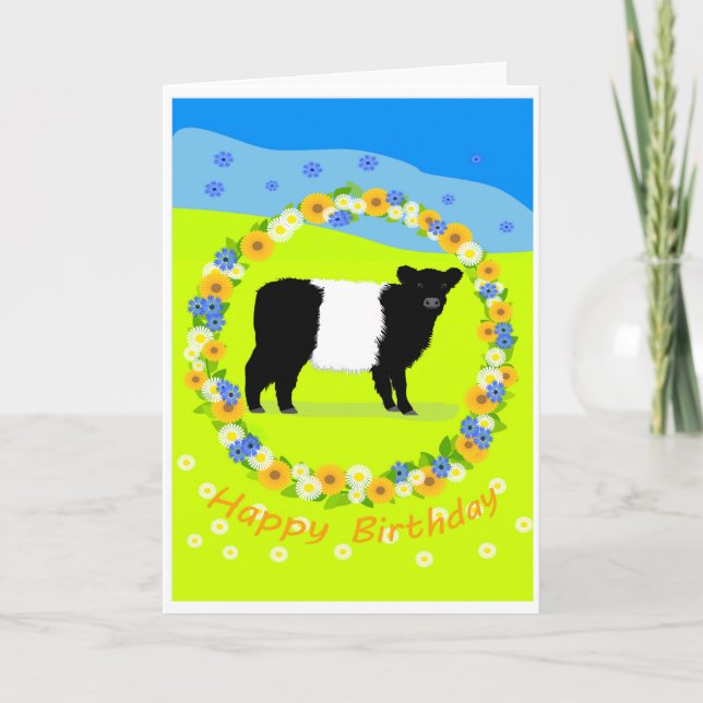 Festiva tarjeta de cumpleaños de ternero Belted Galloway (Anverso)