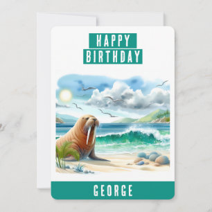 Festiva Tarjeta de cumpleaños de Walrus de color de agua d