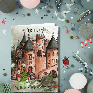 Festiva Tarjeta de cumpleaños del dragón y el castillo de 