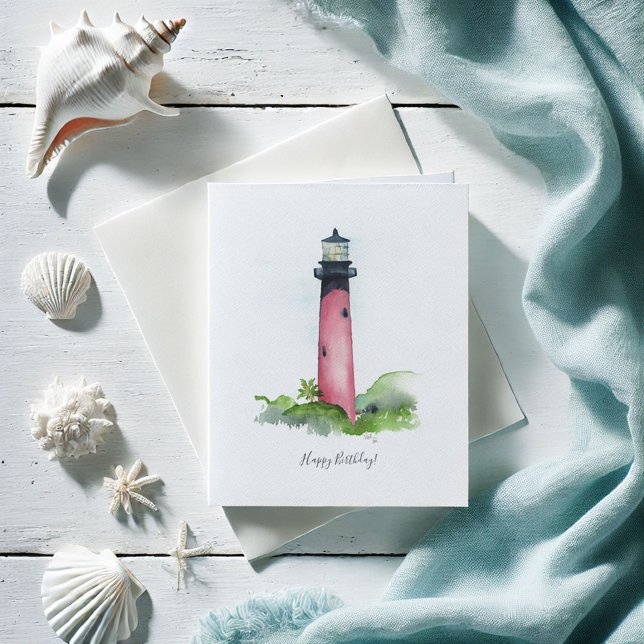 Festiva Tarjeta de cumpleaños del faro de Júpiter (Birthday cards beach watercolor Jupiter Lighthouse art by Victoria Grigaliunas Do Tell A Belle)