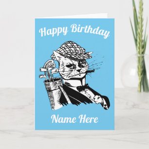 Festiva tarjeta de cumpleaños del gato de golf divertido