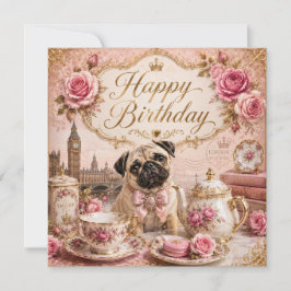 Festiva tarjeta de cumpleaños dorada de pug inglés vintage