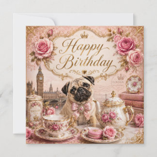 Festiva tarjeta de cumpleaños dorada de pug inglés vintage