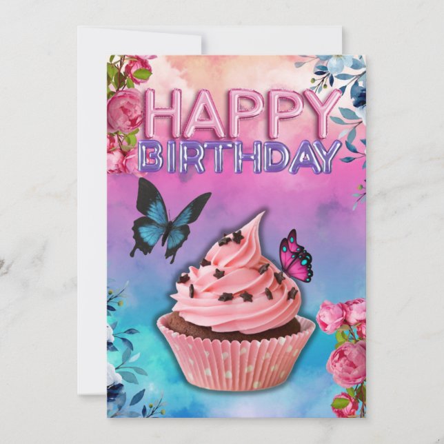 Festiva Tarjeta de cumpleaños feliz (tema de mariposa) (Anverso)