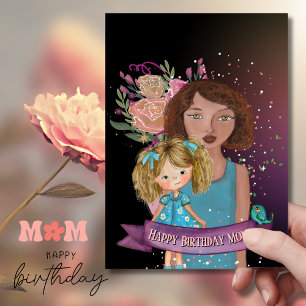 Festiva Tarjeta de cumpleaños floral de mamá y hija Ilustr