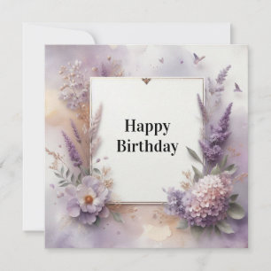 Festiva tarjeta de cumpleaños flores de acuarela morada