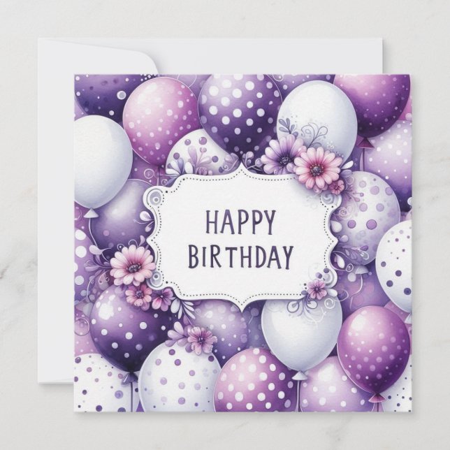 Festiva tarjeta de cumpleaños globos morados (Anverso)