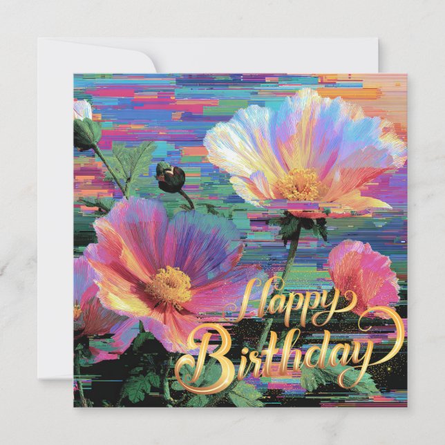 Festiva Tarjeta de cumpleaños hermosas flores neón (Anverso)
