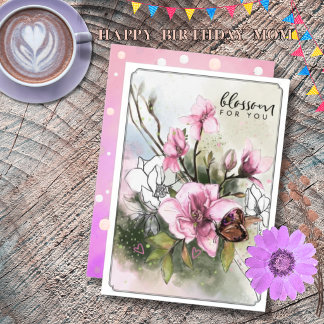 Festiva Tarjeta de cumpleaños para mamá de magnolia rosa e