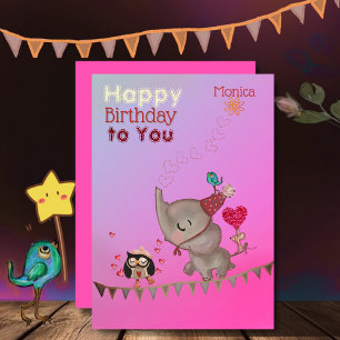 Festiva Tarjeta de cumpleaños rosa para elefante y ratón