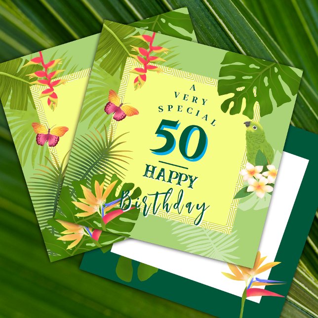 Festiva Tarjeta de cumpleaños verde anual para el paraíso  (Tropical Paradise Birthday  Square Card.)