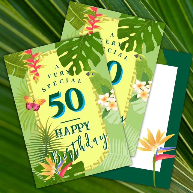 Festiva Tarjeta de cumpleaños verde anual para el paraíso  (Tropical Paradise Birthday card.)
