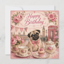 Festiva tarjeta de cumpleaños vintage de pug inglés