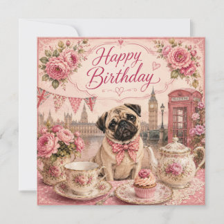 Festiva tarjeta de cumpleaños vintage de pug inglés