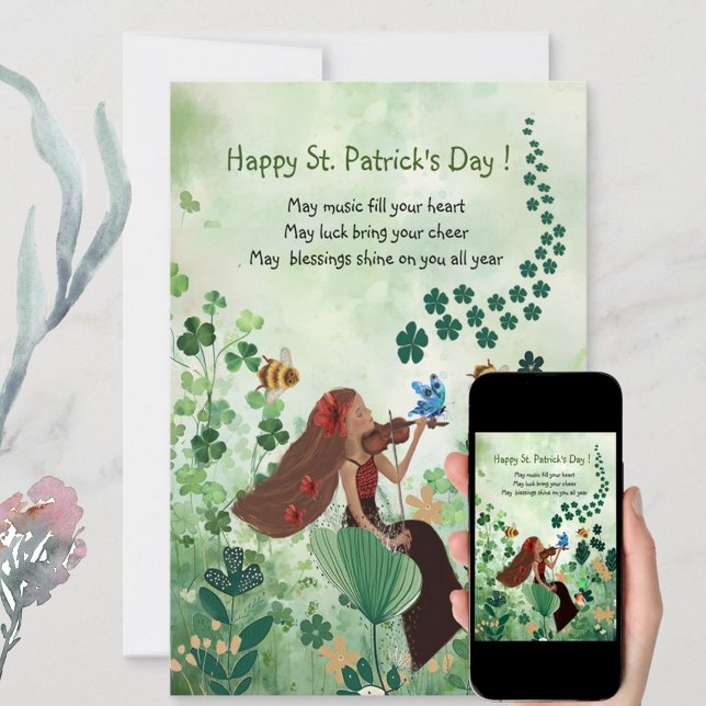 Festiva Tarjeta de Día de San Patricio con música (St. Patrick's Day Holiday Card with Music, featuring woman playing a violin,, great card for holiday)