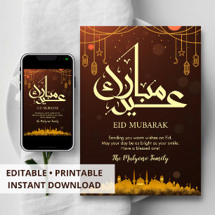 Festiva Tarjeta de Eid con silueta de mezquita en puesta d