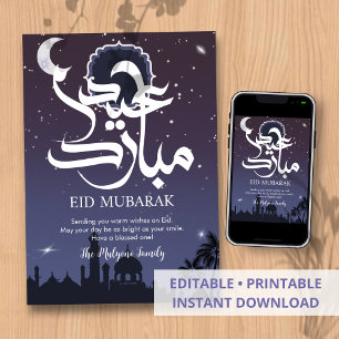 Festiva Tarjeta de Eid de Mezquita Noche Estrellada Púrpur
