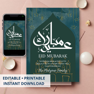 Festiva Tarjeta de Eid Mubarak con arte de línea verde y d