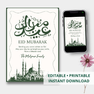 Festiva Tarjeta de Eid Mubarak con Boceto de Mezquita Verd