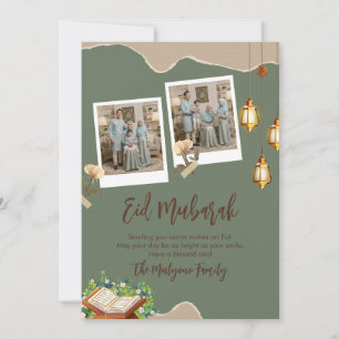 Festiva Tarjeta de Eid Mubarak con estética verde salvia y