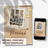 Tarjeta de Eid Mubarak con foto rústica y foto fam