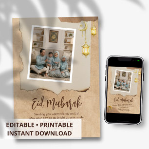 Festiva Tarjeta de Eid Mubarak con foto rústica y foto fam