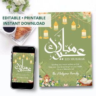 Festiva Tarjeta de Eid Mubarak con jardín de linternas y C