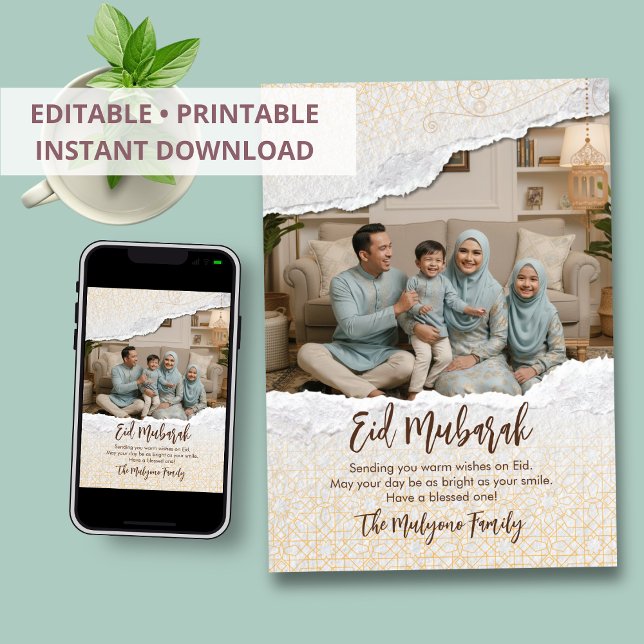 Festiva Tarjeta de Eid Mubarak con papel rasgado geométric (Subido por el creador)