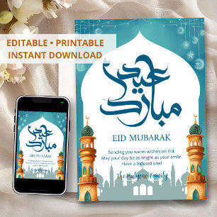 Festiva Tarjeta de Eid Mubarak con silueta de mezquita en