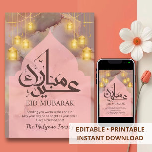 Festiva Tarjeta de Eid Mubarak con tinta de alcohol acuare