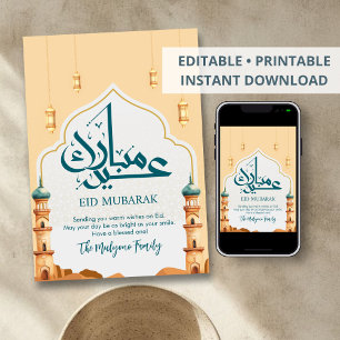 Festiva Tarjeta de Eid Mubarak con Torres de Mezquita del