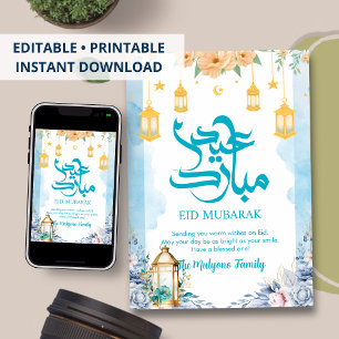 Festiva Tarjeta de Eid Mubarak de flores de acuarela azul 