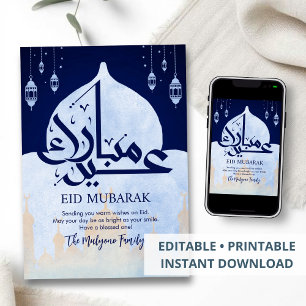 Festiva Tarjeta de Eid Mubarak de Mezquita y Linternas en 
