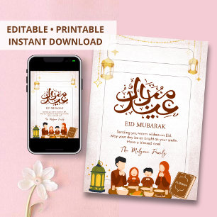 Festiva Tarjeta de Eid Mubarak de oración familiar y banqu